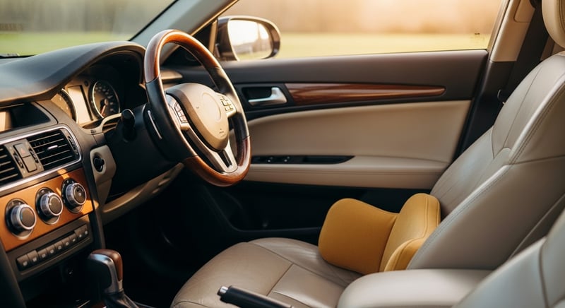 Car seat with lumbar cushion and steering wheel arranged in moody warm lighting