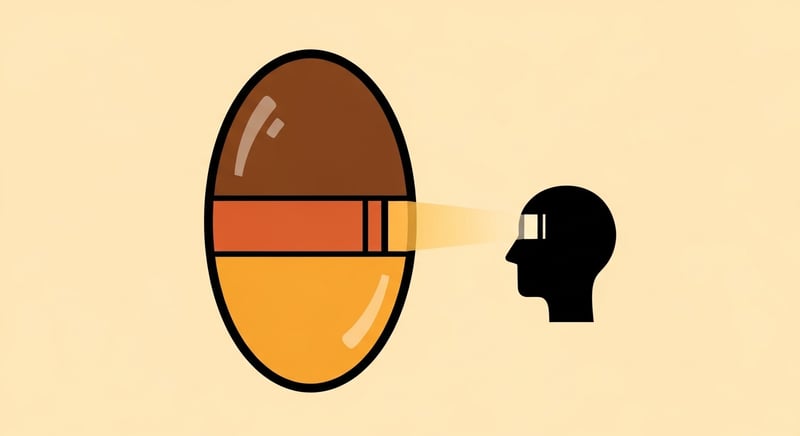 Flat illustration of a progressive lens cross-section showing a distance zone at top, a narrow intermediate corridor, and a reading zone at the bottom, with a small head tilting back to align the low zone with a screen, honey-gold and terracotta on cream