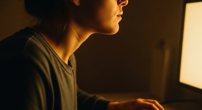 Editorial side-profile of a person at a monitor tipping the chin up and craning the head forward to look through the lower part of their glasses, warm amber light, no identifiable face