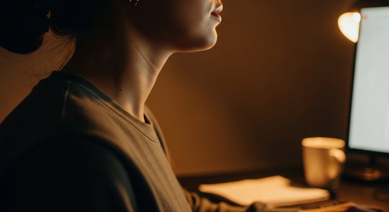 Editorial side-profile of a person at a lowered, slightly tilted monitor holding a level head with a small comfortable chin drop, warm amber light, no identifiable face
