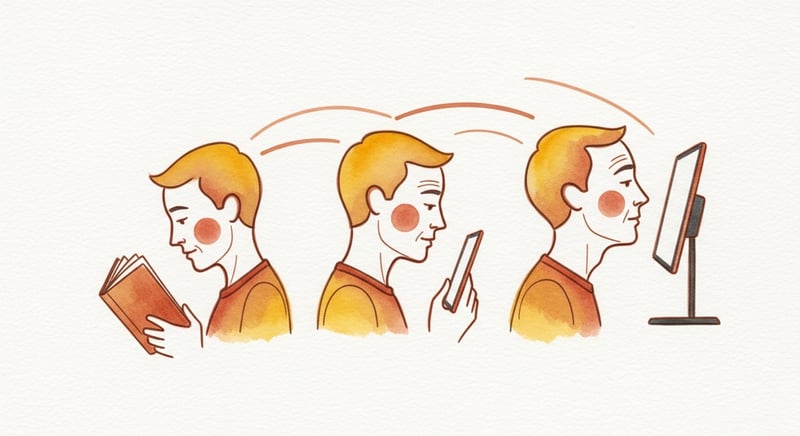 Loose watercolor of a gentle arc of three side-profile heads aging from level-headed reading of a book in the lap to a chin-up crane at a raised screen, honey-gold and terracotta washes on cream paper