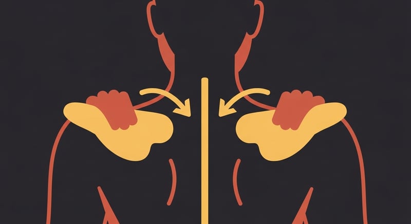Flat illustration of a single figure lying face down on the floor, chest and straight arms lifted with thumbs up and shoulder blades drawn together, a honey-gold line marking the level spine on dark charcoal