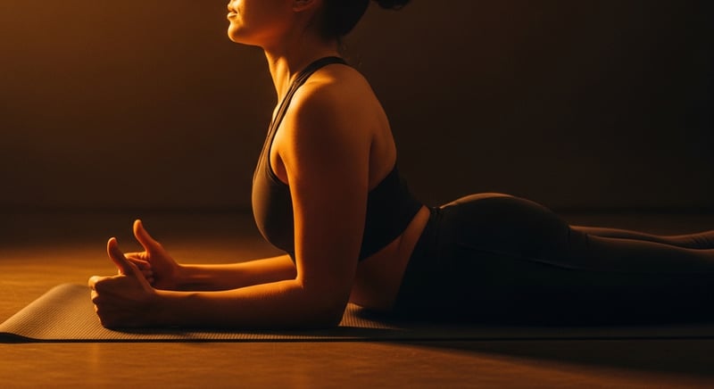 Editorial side-profile photograph of a person lying prone on a mat, chest and arms lifted with thumbs turned up and shoulder blades squeezed, warm amber light, face cropped above the nose
