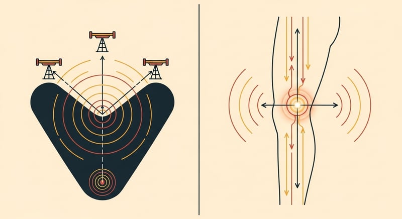 Two-panel flat illustration, left a seismograph triangulating an earthquake epicenter with wave arcs, right a leg with radiating pain lines traced back to a spine origin, same arrows mapped across both