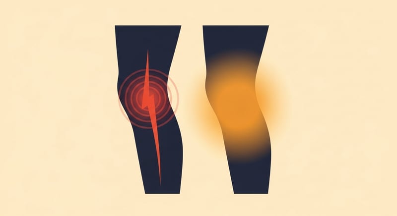 Flat illustration of two legs side by side, one with a thin sharp electric stripe of pain down a narrow band, the other with a wide diffuse shaded ache, honey-gold and terracotta on cream