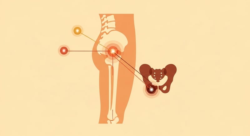 Flat illustration of one leg with three small glowing origin points marked higher up, at the low spine disc, the buttock, and the pelvis, each broadcasting down the same leg