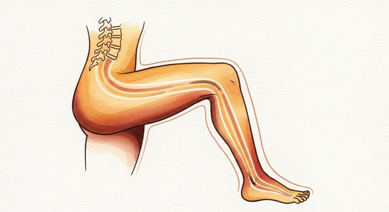 Loose watercolor of a leg with distinct warm-toned bands of sensation reaching different endpoints, one to the big toe and one to the sole, tracing back to the low spine