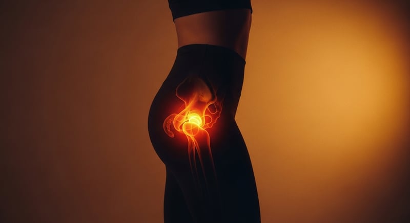 Watercolor of a leg with radiating pain lines traced back up to a glowing origin point at the low spine, in warm amber and terracotta tones