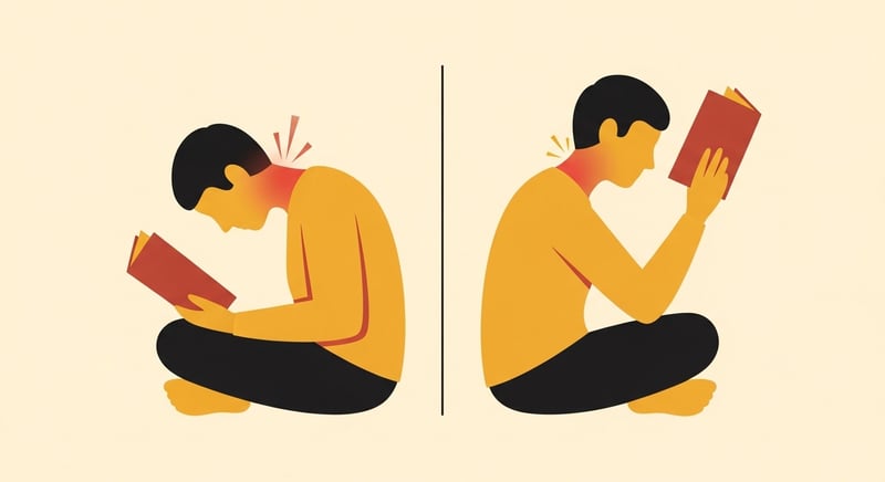 Flat illustration comparing two bed-reading setups: one with the book low in the lap and the head dropped forward, one with the book raised to eye level and the head near neutral, honey-gold and terracotta on cream