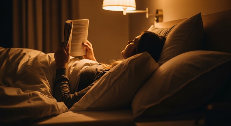 Editorial photograph of an anonymous person reclined against a tall stack of pillows in bed with forearms resting on a pillow holding a book up near eye level, warm amber lighting, face cropped above the nose, no identifiable facial features