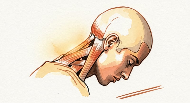 Loose watercolor illustration of a head and neck in side profile tilted forward to read, the neck muscles at the back straining under the forward-tilted head, in honey-gold and terracotta on cream paper
