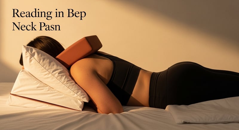 Editorial photograph of a person propped up in bed reading, head tilted forward with the chin toward the chest, in warm amber lighting