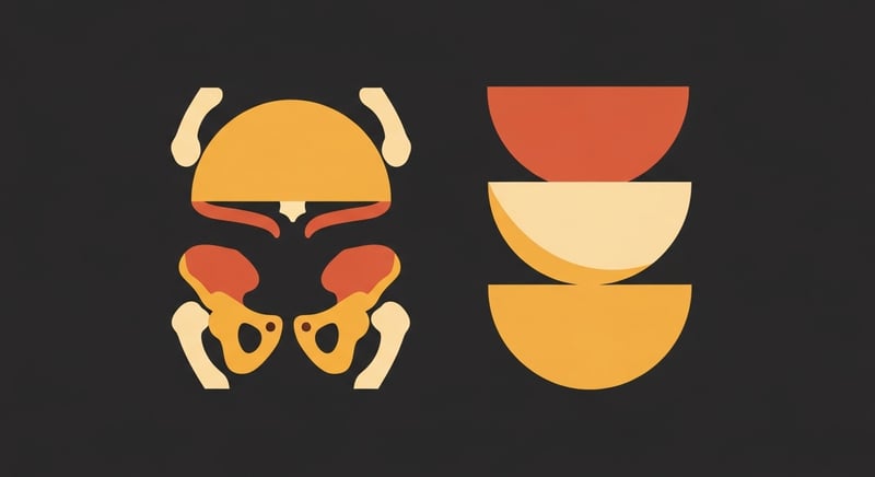 Flat illustration comparing two trunk silhouettes, one with the ribcage tipped up and open like scissors, one with the ribcage stacked squarely over the pelvis