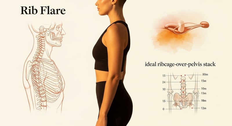 Side-profile watercolor of a standing figure with the lower ribcage tipped up and away from the pelvis in warm amber tones