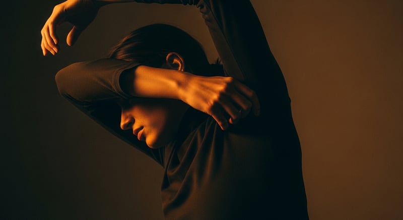 Editorial side-profile photograph of an anonymous person with rounded, hunched shoulders reaching one arm overhead and wincing, showing the pinch of impingement, warm amber lighting, face cropped above the nose, no identifiable facial features
