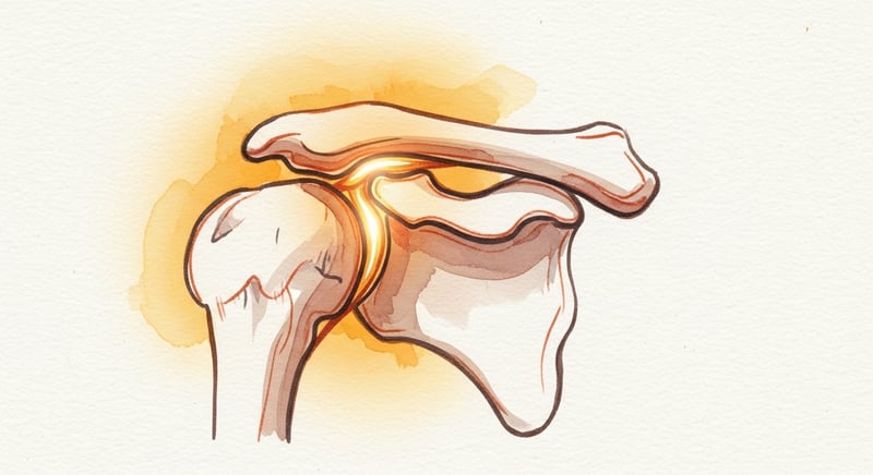 Loose watercolor illustration of a shoulder joint from the side showing the rotator cuff tendon passing through the narrow subacromial space between the arm bone and the acromion, in warm honey-gold and terracotta on cream paper