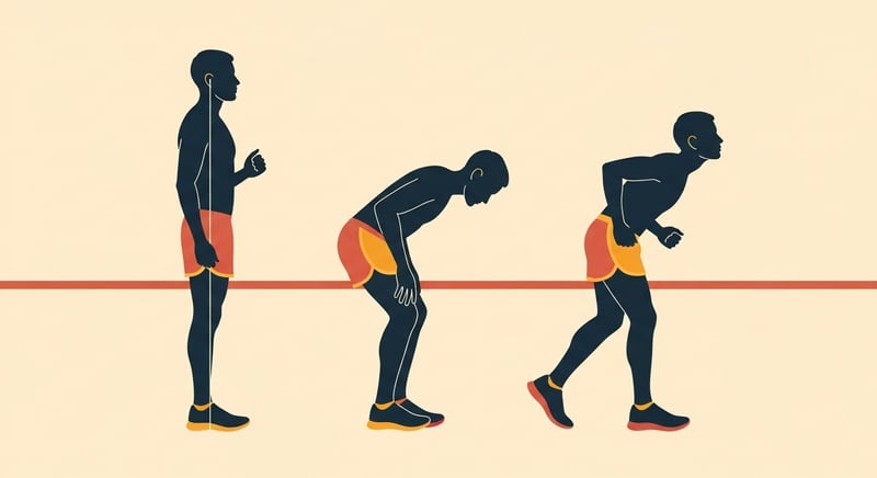Flat illustration of three side-profile running silhouettes showing stacked posture, forward-bent waist posture, and leaned-back posture in warm honey-gold and terracotta