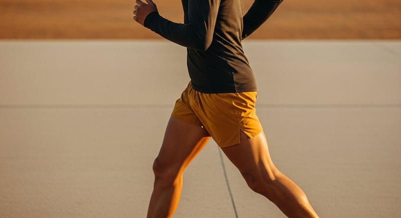 Cinematic editorial side-profile photograph of an anonymous runner mid-stride showing a clean ankle-to-ear line of slight forward lean, warm amber side-light from the right, no facial features visible