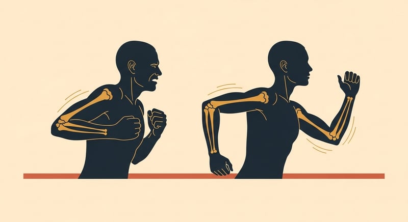 Flat illustration of two side-profile runner silhouettes side by side, the left showing clenched fists and high shoulders, the right showing relaxed hands and dropped shoulders, in warm honey-gold and deep espresso on cream