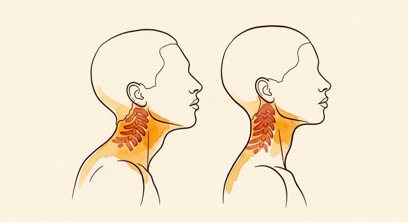 Loose watercolor illustration of two side-profile head and shoulder silhouettes on cream paper, the left showing a forward-tilted chin-up head position and the right showing a neutral chin-tucked head position, in warm honey-gold and terracotta