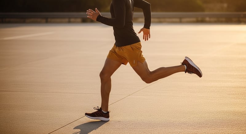 Side-profile editorial photograph of a runner mid-stride with the head, shoulder, and hip stacked in a clean vertical line, warm amber light raking across the road