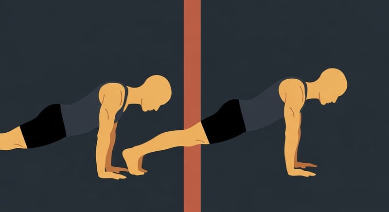 Front-view flat illustration showing two side-by-side silhouettes of the same figure in a high plank position. The left silhouette is in the retracted (down) phase with shoulder blades clearly visible coming together behind the back; the right silhouette is in the protracted (up) phase with shoulder blades spread apart and upper back rounded, arms locked straight in both, against a dark charcoal background with warm honey-gold and terracotta accents