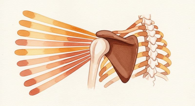 Loose watercolor illustration on cream paper of the side of the rib cage with the serratus anterior depicted as fan-shaped finger-like bands wrapping from the upper ribs around to the inner edge of the shoulder blade, painted in warm honey-gold and terracotta and deep espresso brown washes with visible cream paper texture