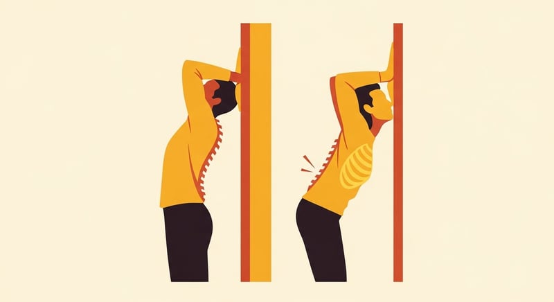 Flat illustration comparing a wall slide, arms kept in contact with the wall, next to a harder wall angel with the arms pressing back, in honey-gold and terracotta silhouettes on cream