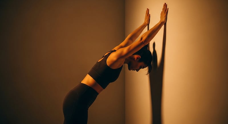 Editorial side-profile photograph of an anonymous person standing with their back flat against a wall, forearms on the wall in a goalpost shape mid-slide, warm amber lighting, face cropped above the nose, no identifiable facial features