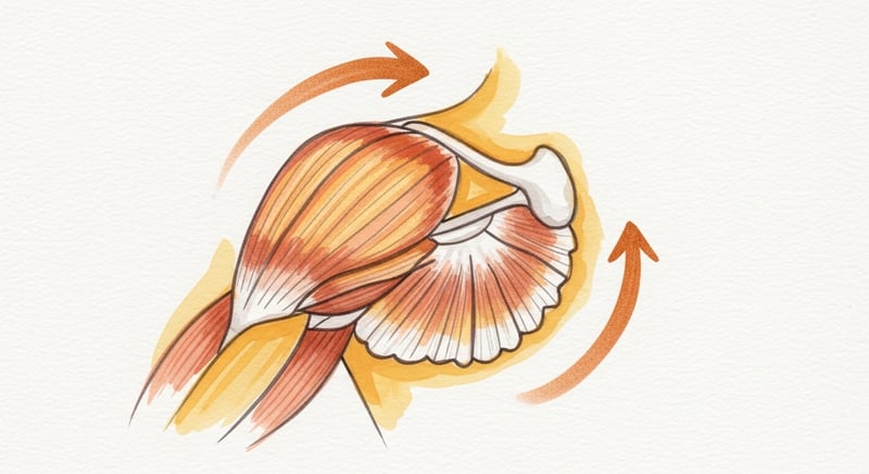 Loose watercolor illustration of a shoulder blade rotating upward with the serratus anterior wrapping the ribs and the lower trapezius pulling down and in, in honey-gold and terracotta on cream paper