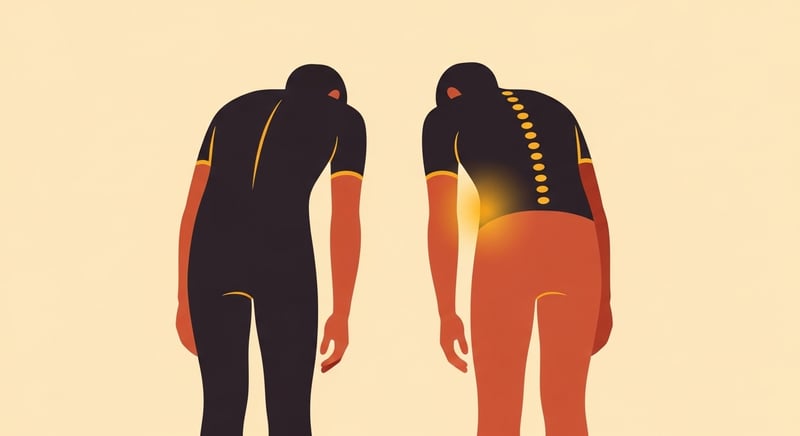 Minimalist flat illustration comparing two figures bent forward from behind, one with a level back and one with a clear rib hump on one side from a rotated spine, in deep espresso and terracotta with honey-gold accents on cream