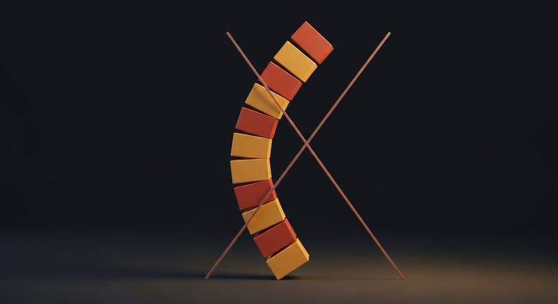 Clean geometric abstract composition of a curved line of stacked segments with two straight measuring lines meeting at an angle to show how a spinal curve is measured, in terracotta and honey-gold on dark charcoal
