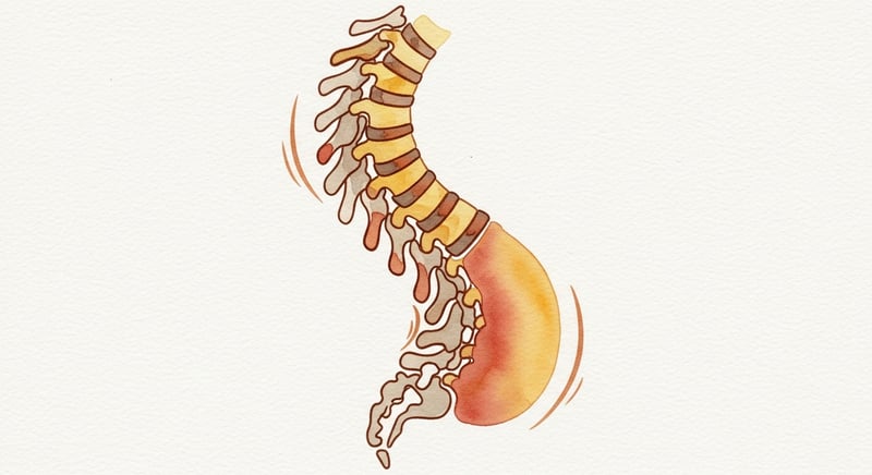 Loose watercolor illustration of a spine seen from behind curving sideways into a gentle S shape with the vertebrae rotating, in warm honey-gold and terracotta on cream paper