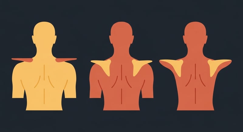 Minimalist flat illustration on a dark charcoal background showing three anonymous rear-view silhouettes side by side, each with shoulder blades in a different position: neutral (flat against the rib cage), protracted (shoulders rounded forward), and winged (medial border lifted away), rendered in honey gold and terracotta accents.