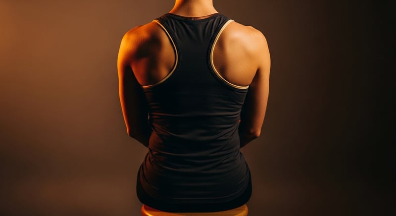 Editorial side-profile photograph of an anonymous person seated upright at a desk performing a scapular squeeze, shoulder blades visibly drawn together, shoulders kept low, warm amber side-lighting tracing the line of the upper back against dark charcoal.
