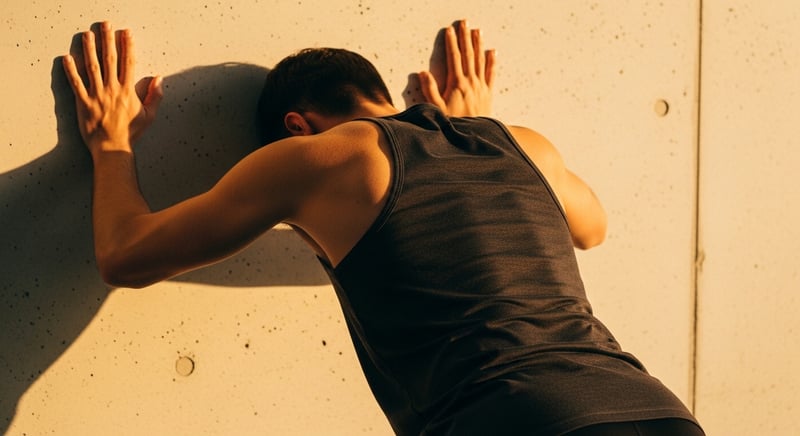 Editorial photograph shot from behind of an anonymous person performing a wall push-up test, palms flat against a wall at shoulder height, the right shoulder blade visibly lifting away from the rib cage in warm amber side-lighting against dark charcoal.