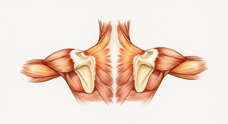 Loose watercolor illustration of a human upper back in honey-gold and terracotta tones on cream paper, showing both scapulae with the trapezius, serratus anterior, and rhomboids traced as soft painterly washes.