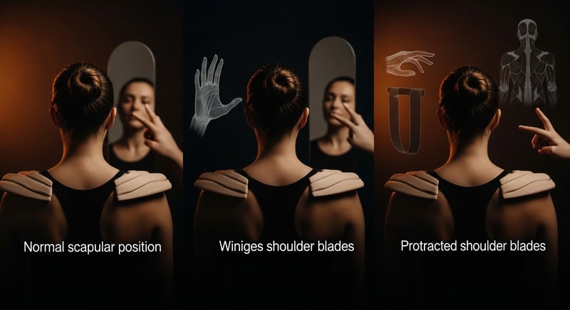 Editorial side-rear photograph of an anonymous person's bare upper back in warm amber light, showing the line of both shoulder blades against dark charcoal.