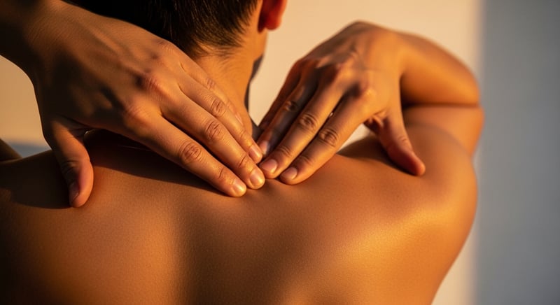 Editorial close-up photograph from behind of an anonymous person's upper shoulder and trapezius area, a hand reaching across to gently press into the muscle for self-release, warm amber side lighting, head not visible