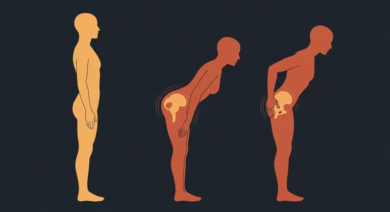 Minimalist flat illustration on a deep dark charcoal background showing three rear-view human silhouettes standing in a horizontal row, each demonstrating an SI joint posture pattern: a neutral upright pelvis on the left, a clearly anterior-tilted pelvis pulling the lower back into hyperlordosis in the middle, and a sustained-asymmetric one-side-collapsed pelvis on the right. Rendered in honey-gold, terracotta, and deep copper solid fills with subtle accent lines tracing the pelvis of each figure.