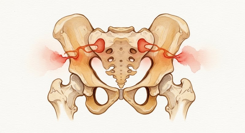 Loose watercolor illustration of a rear view of the human pelvis on cream paper, showing the sacrum centered at the base of the spine and both ilium bones flaring outward, with the two sacroiliac joints highlighted in warm terracotta and copper while the rest of the pelvis sits in honey-gold washes.