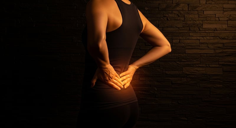 Editorial side-rear photograph of an anonymous person standing with one hand resting at the base of the lower back near the sacrum-ilium junction, in warm amber light against a dark charcoal stone wall, suggesting localized SI joint discomfort.