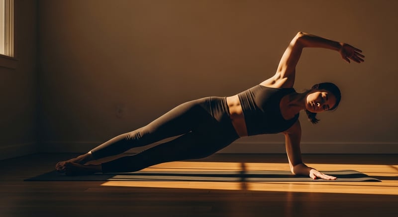 Editorial photograph of a person holding a correct full side plank, body in one straight line from ankles to head with hips lifted and stacked, warm amber side-light, head cropped above the hairline