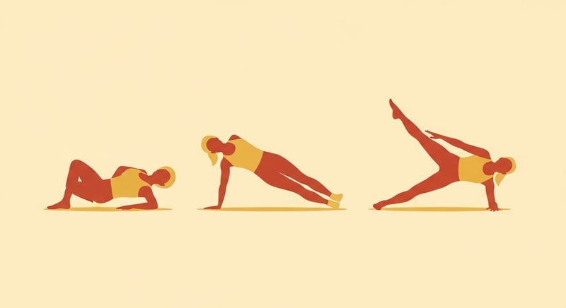 Flat illustration of three side-plank progressions in a row, from knees, to full with stacked feet, to full with the top leg lifted in abduction, terracotta and honey-gold silhouettes on cream, no text