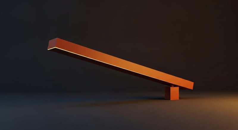 Clean geometric abstract of a horizontal beam balanced level on a central point with one side slightly heavier and dipping, terracotta and amber on dark charcoal, no text