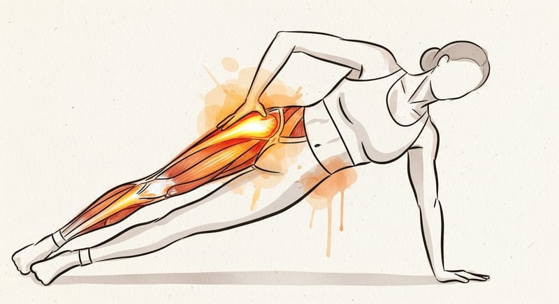 Loose watercolor of a person in a side plank with the gluteus medius at the hip and the lateral trunk muscles glowing amber to show where the work happens, warm terracotta on cream, no text