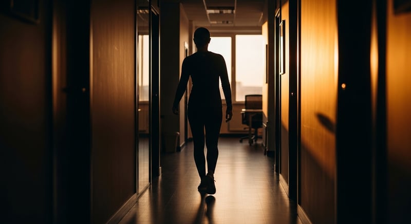 Editorial photograph of an anonymous person mid-stride walking away from a desk down a sunlit office hallway during a short movement break, warm amber light, head cropped above the hairline.