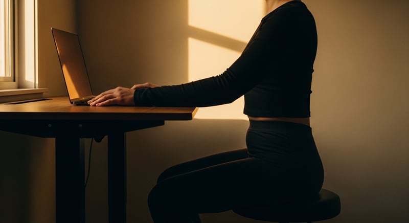 Side-profile watercolor of a desk worker mid-transition between sitting and standing at an adjustable desk, in warm amber and honey-gold tones.