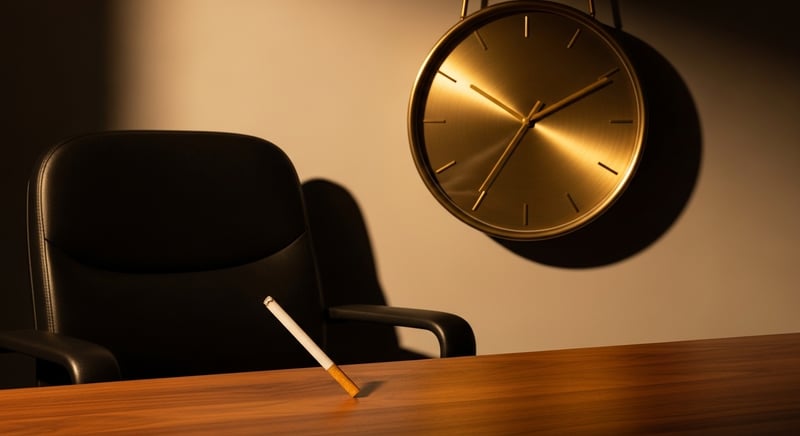 Conceptual cinematic still life: an unlit cigarette on a warm walnut-wood desk beside an empty office chair, a warm-gold analog clock face hanging above, representing sitting as a cumulative health risk