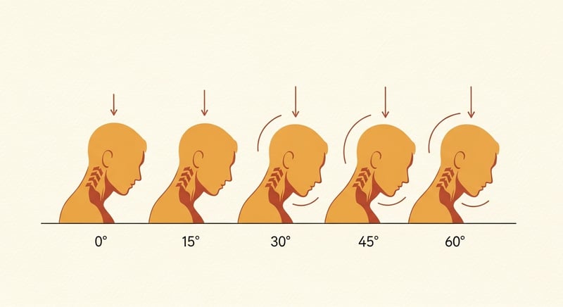 Flat illustration showing five silhouettes of a head at progressive forward-flexion angles (0, 15, 30, 45, 60 degrees) with the calculated cervical load labeled above each silhouette, honey-gold and terracotta accents on cream